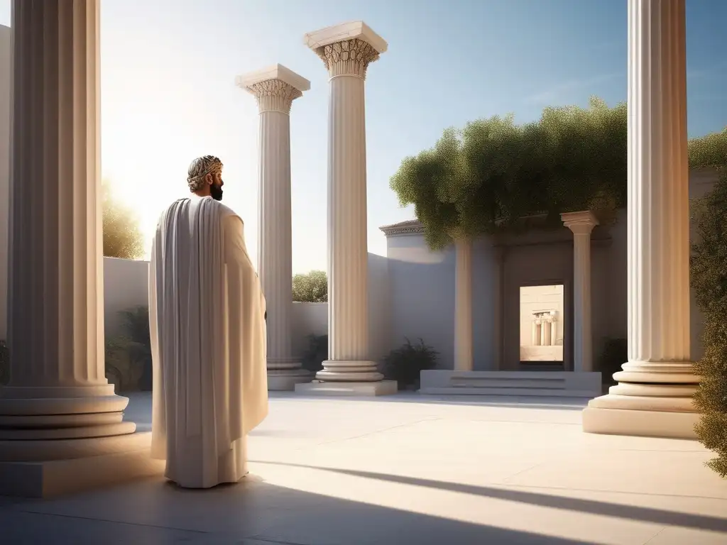 Filósofo Zeno de Elea en un patio soleado de la antigua Grecia, con paradojas y minimalismo