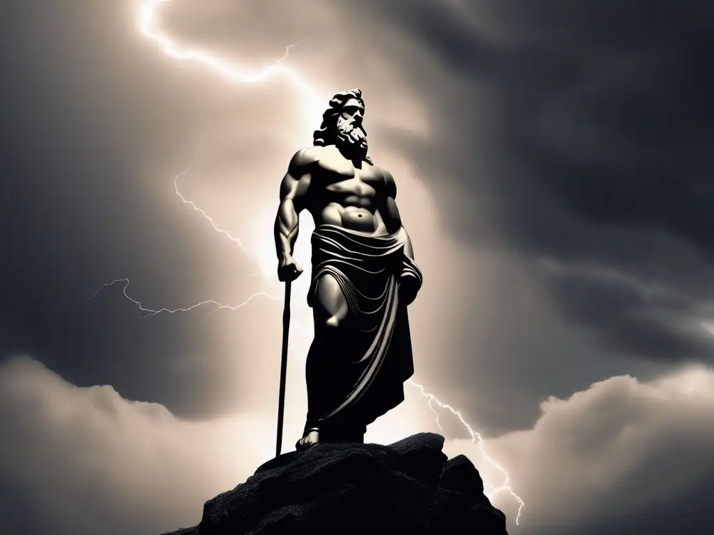 Zeus, dios griego, en pose contemplativa en la cima de una montaña rodeado de nubes