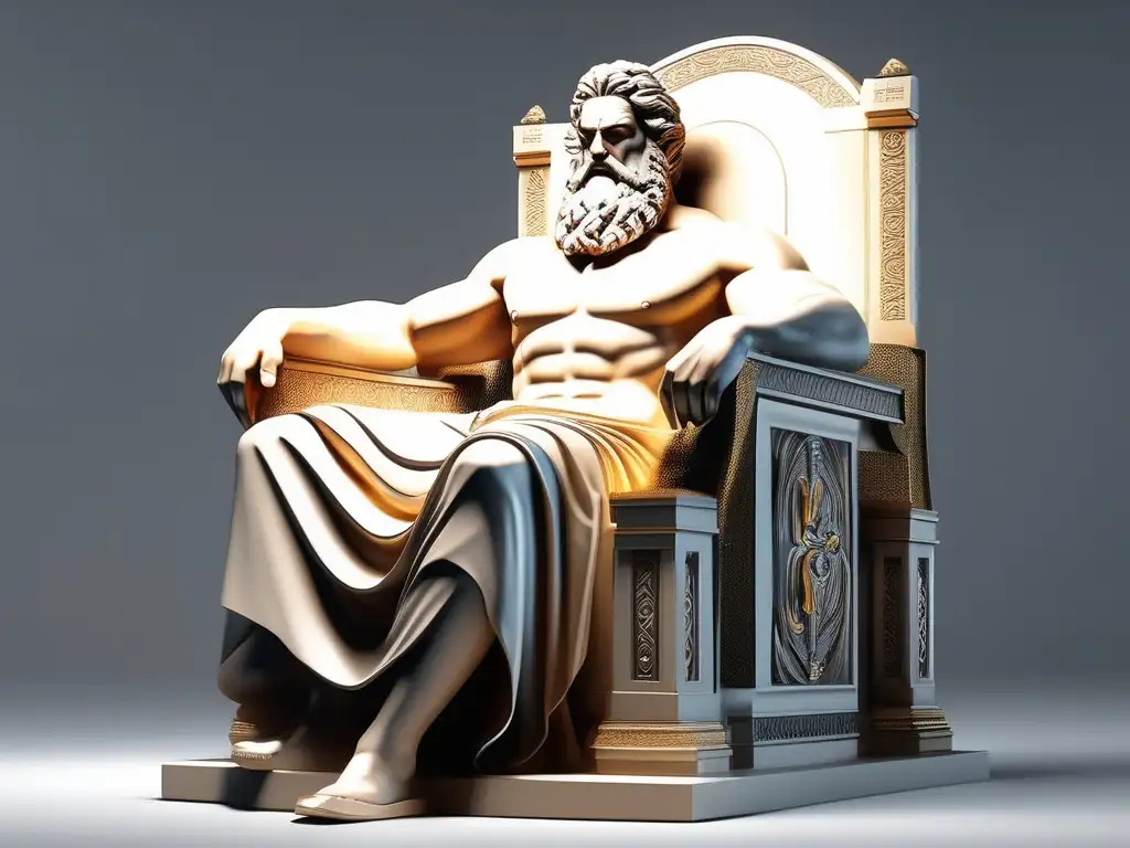 Escultura griega: mitos y leyendas - Zeus en trono, expresión poderosa, detalles precisos