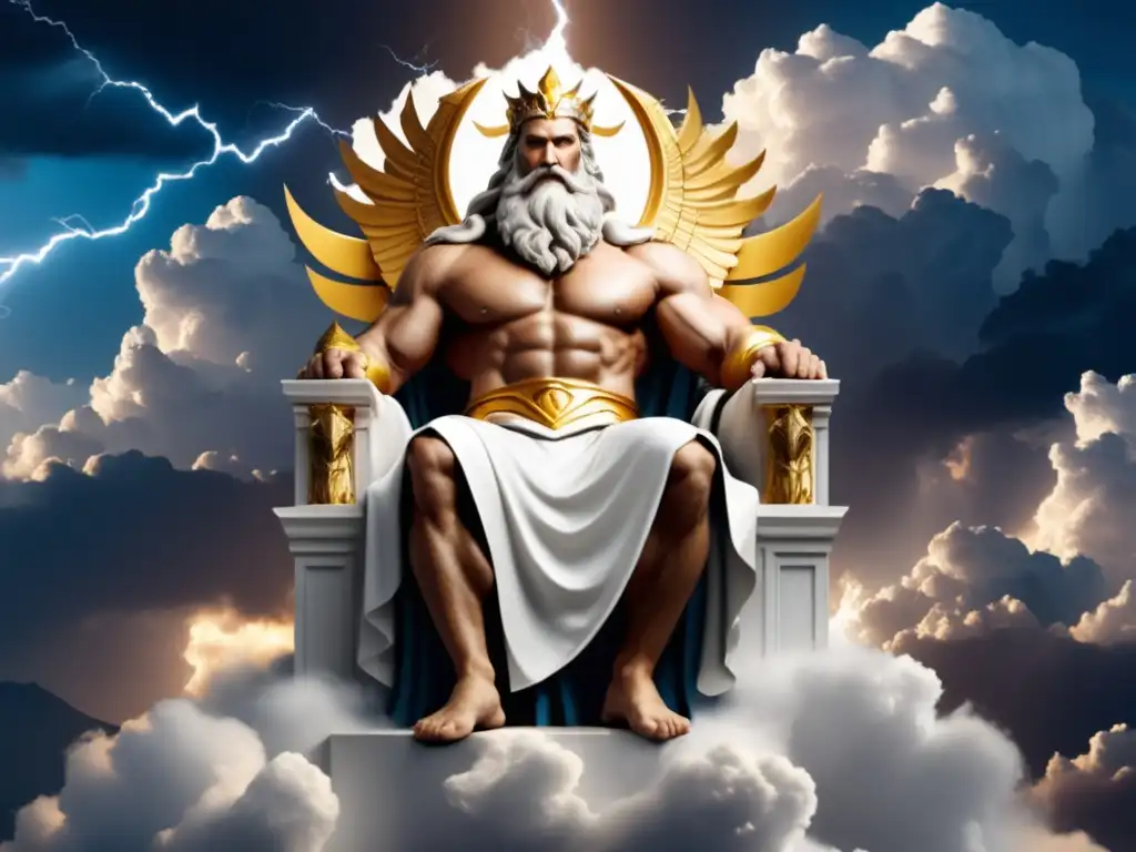 Zeus en su trono en el Monte Olimpo, rodeado de nubes y rayos